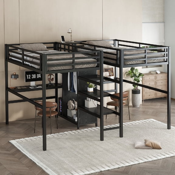 Twin Over Twin Loft Bed Frame with Charging Station and Double Desk, Metal Loft Beds with Wardrobe and Storage Shelves for Bedroom, Guest Room, Apartment, Space Saving, Mattress Not Included, Black