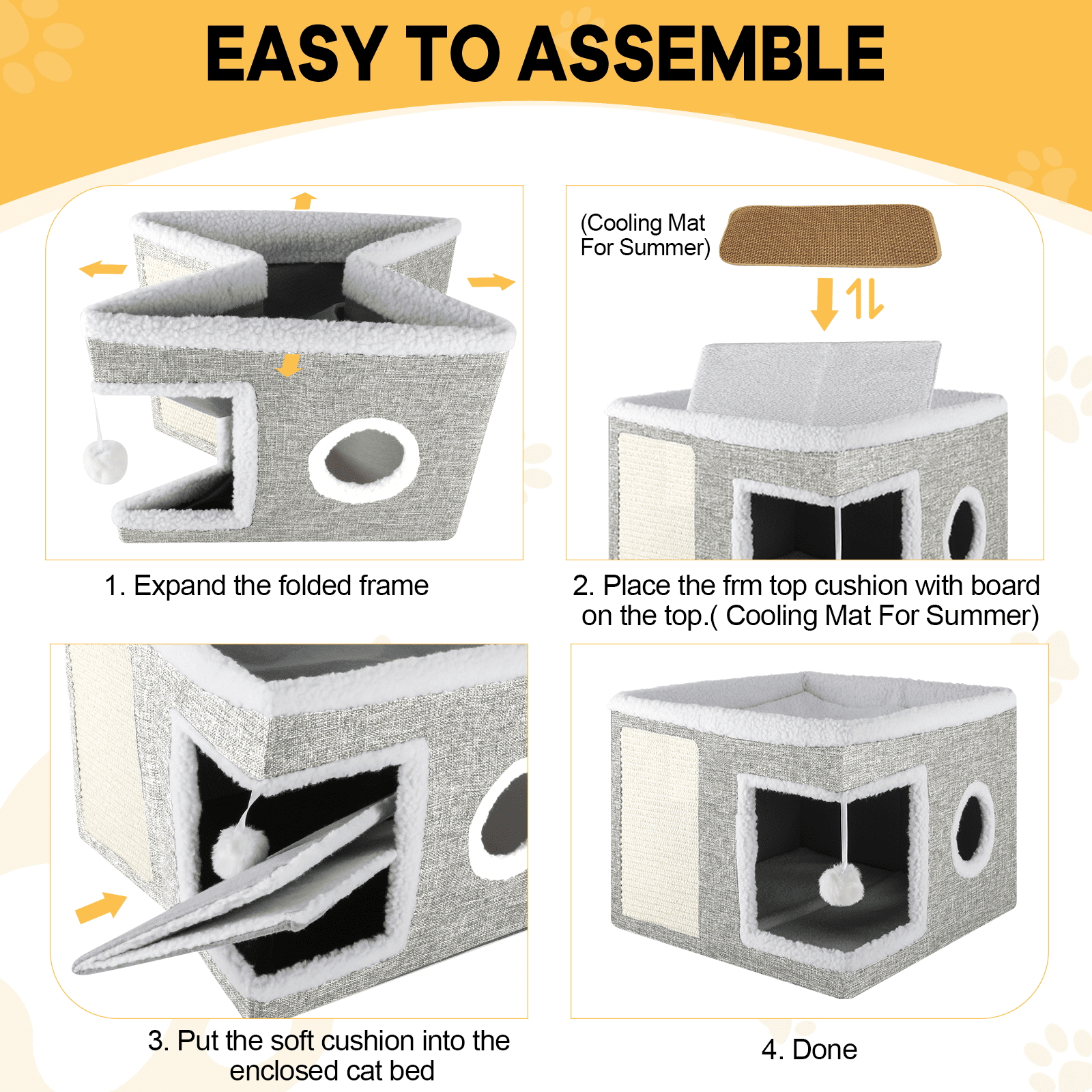 Cat Bed YUWENUS Cat House for Indoor Cats with 2 Cushion, Large Cat Cave with Scratch Pad and Fluffy Ball Hanging, Light Gray