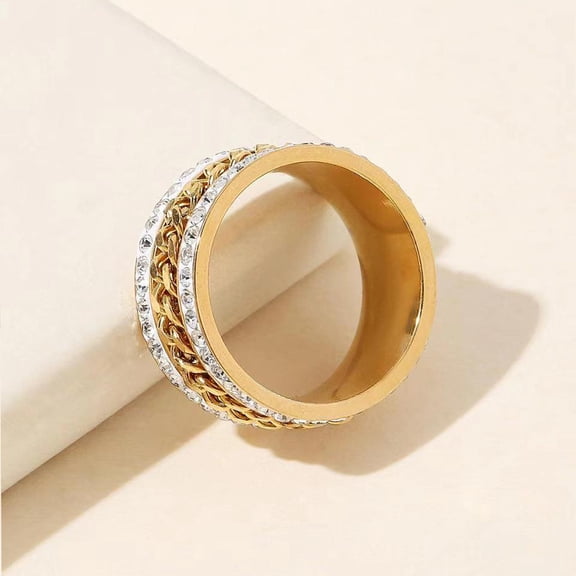 Stainless Steel Spinner Chain Ring Cubic Zirconia 18K Gold Plated Jewelry Statement Pinky Rings