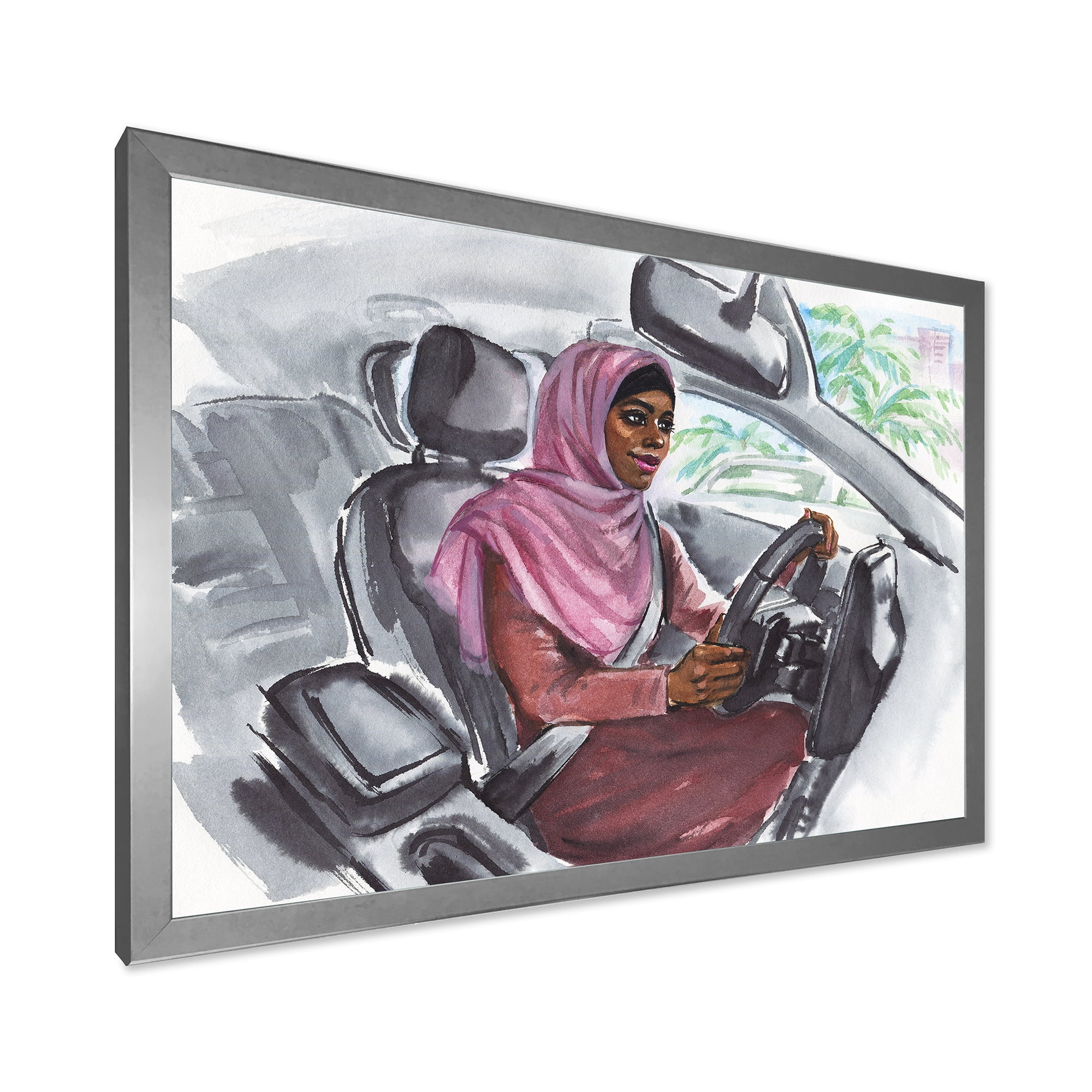 Designart 'Arabian Lady Driving A Car III' Modern Framed Art Print