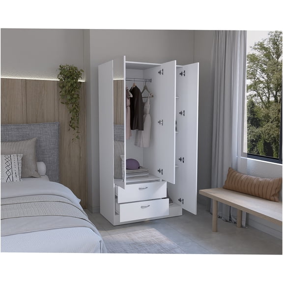 JERFIT White 3-Door Wardrobe Closet with Mirror, 2 Drawers & Hanging Rod for Bedroom Storage Organizer