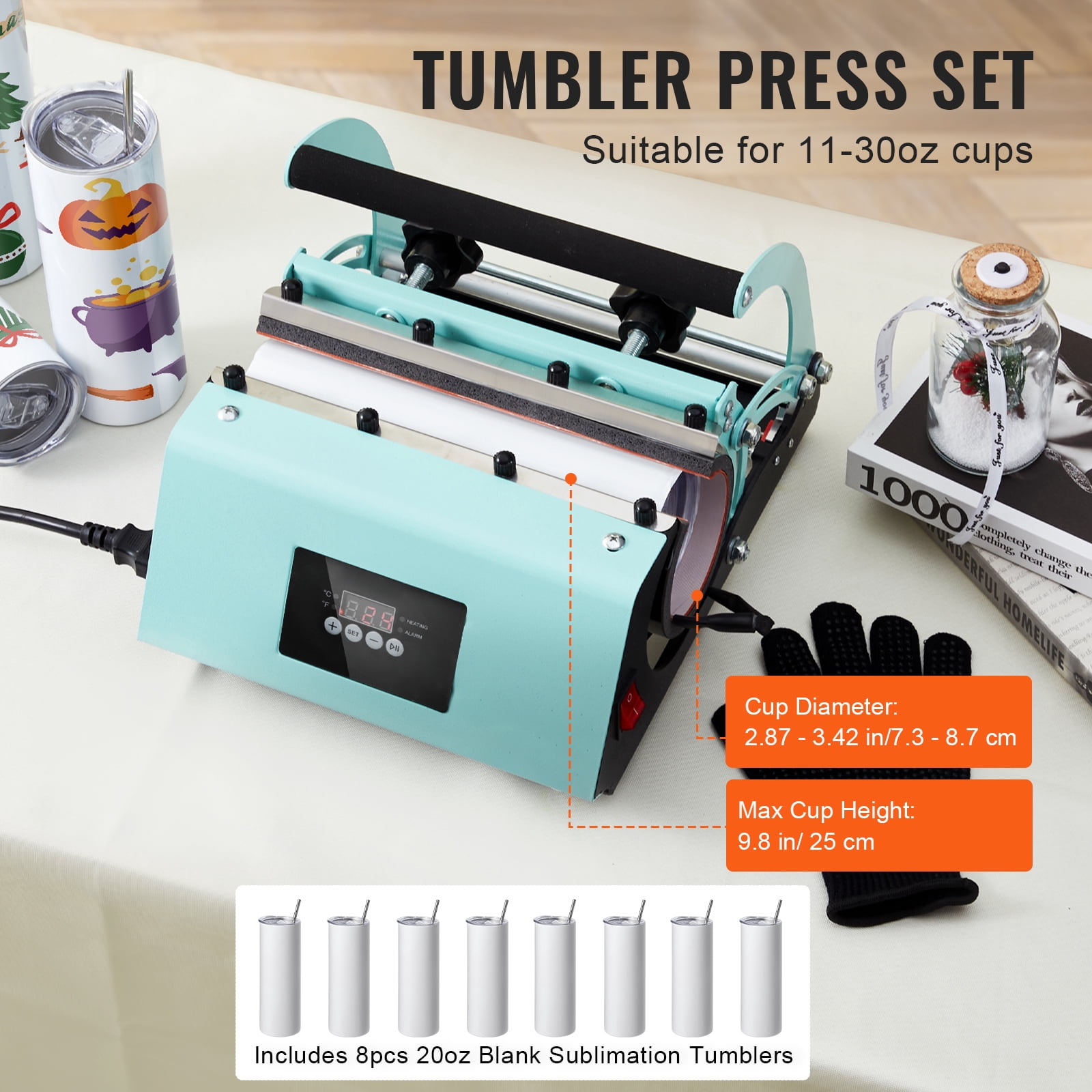 KFFKFF Heat Press Equipment and Transfer Tumblers, Set of Tumbler Press with 8 units of 20OZ Empty Tumblers, Cup Press Machine suitable for 11-30oz Mugs