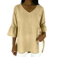 thumbnail image 2 of Hilenly 3/4 Bell Sleeve Tops for Women Side Button Cotton Linen Shirts V Neck Blouse, 2 of 10