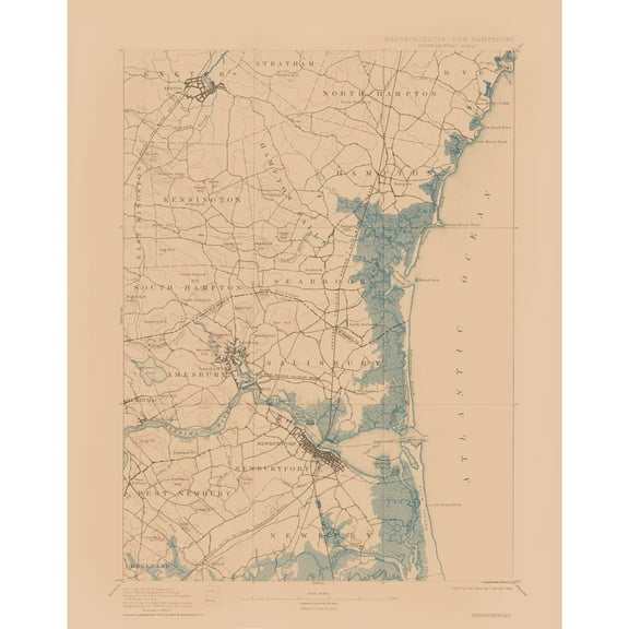 Topographical Map - Newburyport Massachusetts Sheet - USGS 1894 - Vintage Wall Art