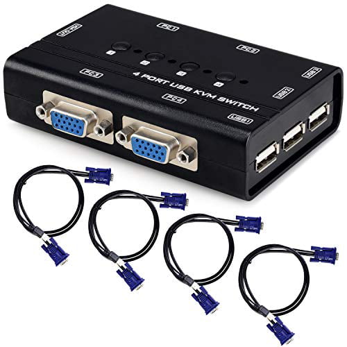 Printer USB VGA KVM Switch with 4 Cables 4 Port Selector Switcher for 4PC Sharing One Video Monitor and 3 USB Devices Mouse Scanner Keyboard 