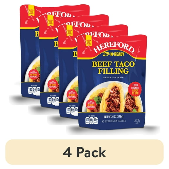 (4 pack) Hereford Fully Cooked Beef Taco Filling, Shelf Stable Pouch, 6 oz