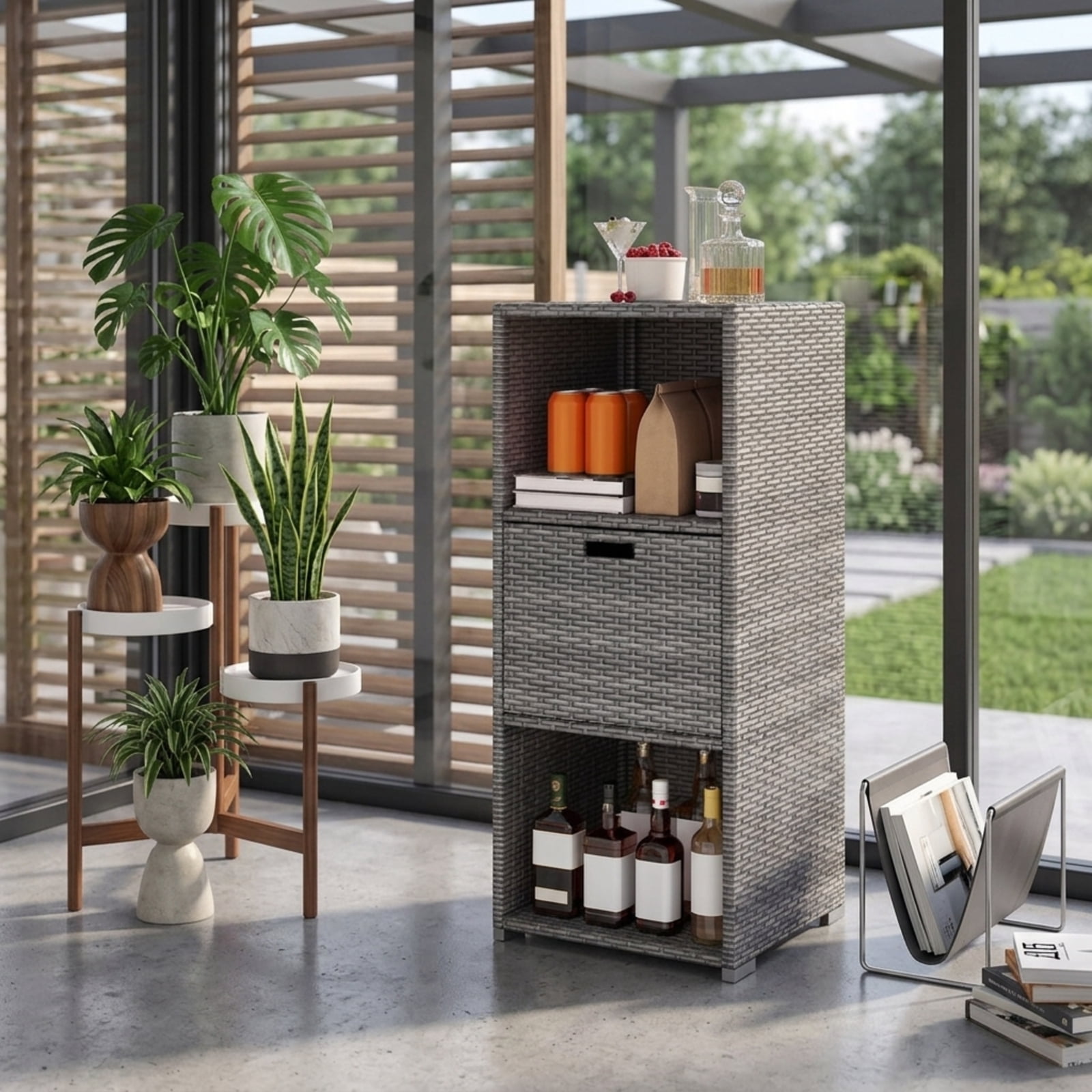 Biotree Outdoor Storage Cabinet with Drawer and 3 Shelves for Patio Porch Poolside Backyard, Mix Brown