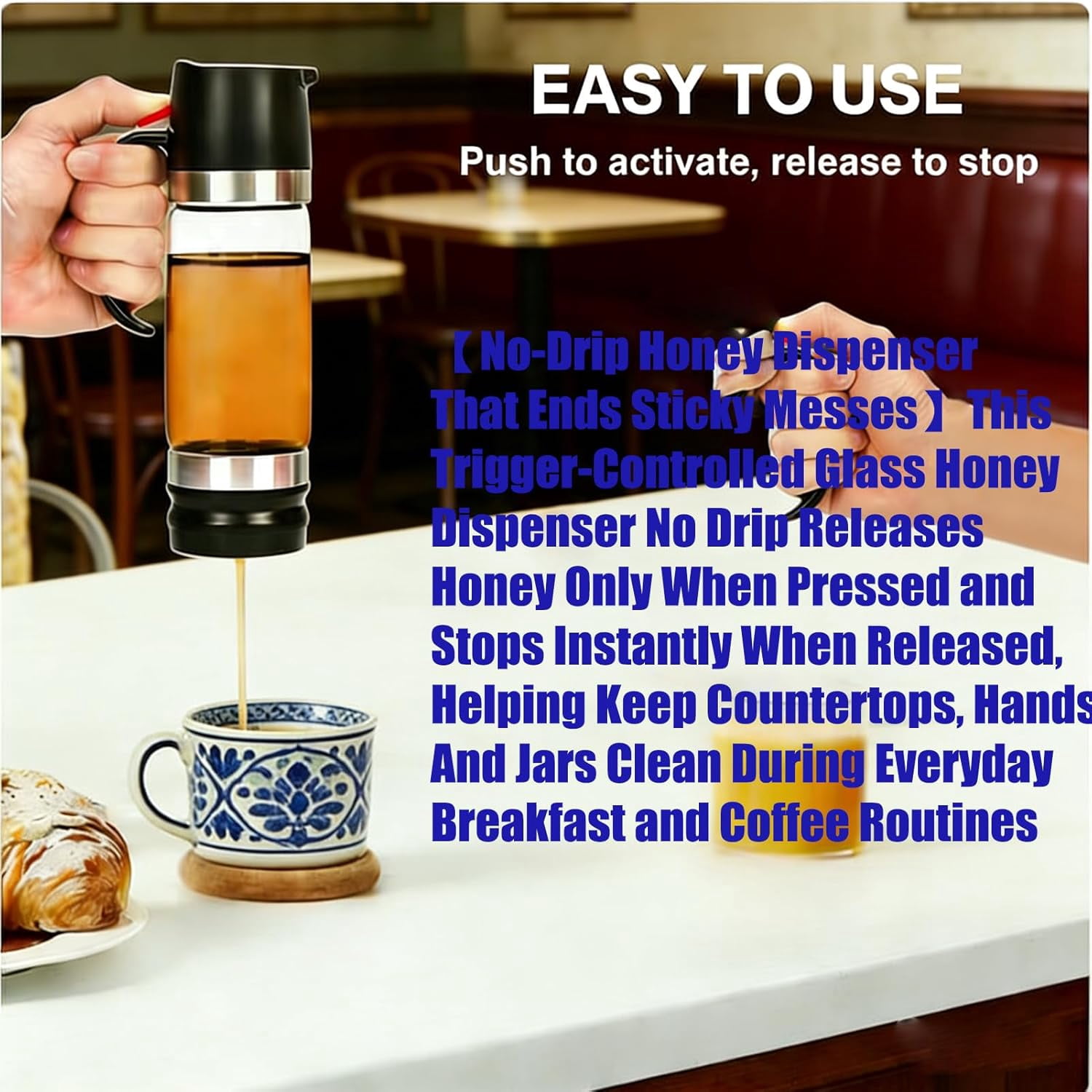 Glass Honey Dispenser, Honey Dispenser No Drip with Base, 12 oz Mess Free No Drip Honey Dispensers, Pressure Design for Quantitative Honey Extraction with Handle for Honey, Maple Syrup (B)