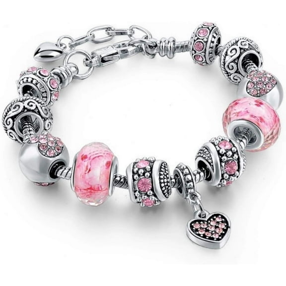 Pink Hearts Silver Plated Charm Bracelet Set, Jewelry Gifts with Beads, Charms, and Adjustable Snake Chain, Fits 7.5" 1.5"