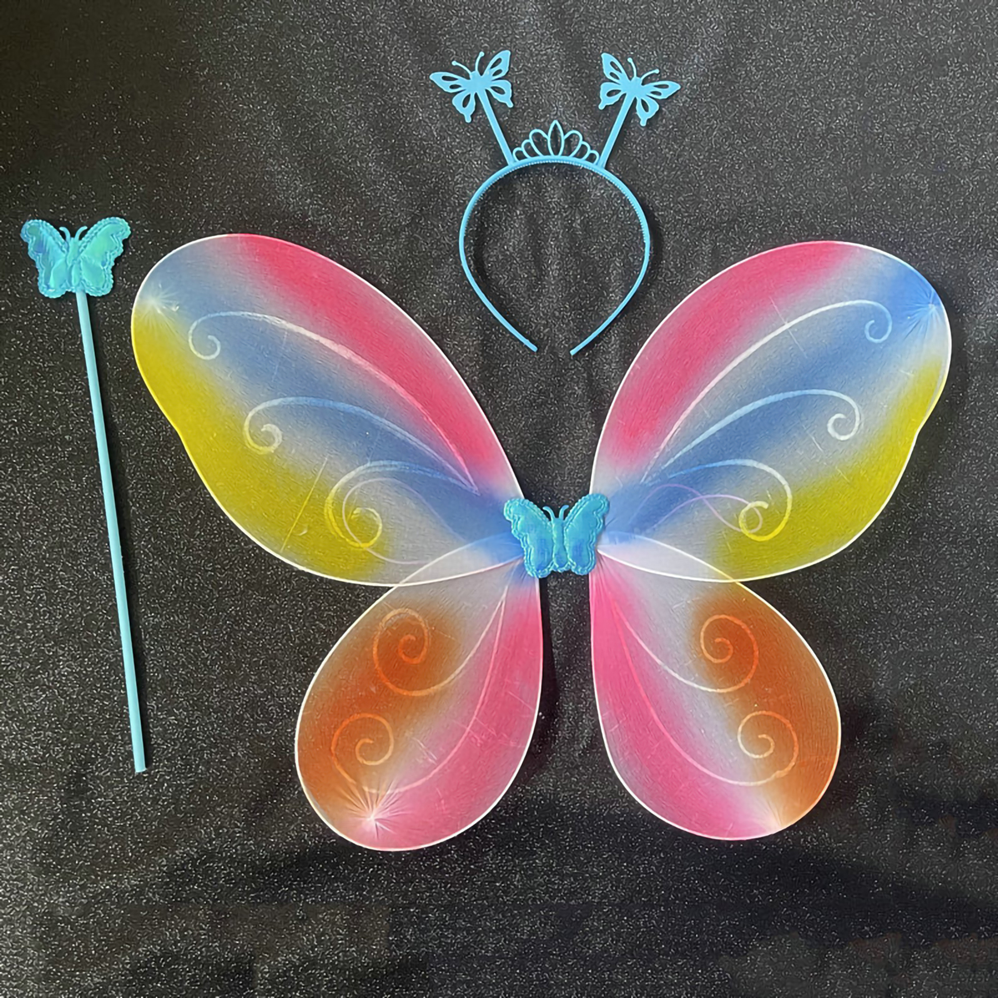Kids Girls Rainbow Butterfly Wings with Headband and Wand Angel Wing Fairy Wings Halloween Costume Birthday Party Favors - image 4 of 4