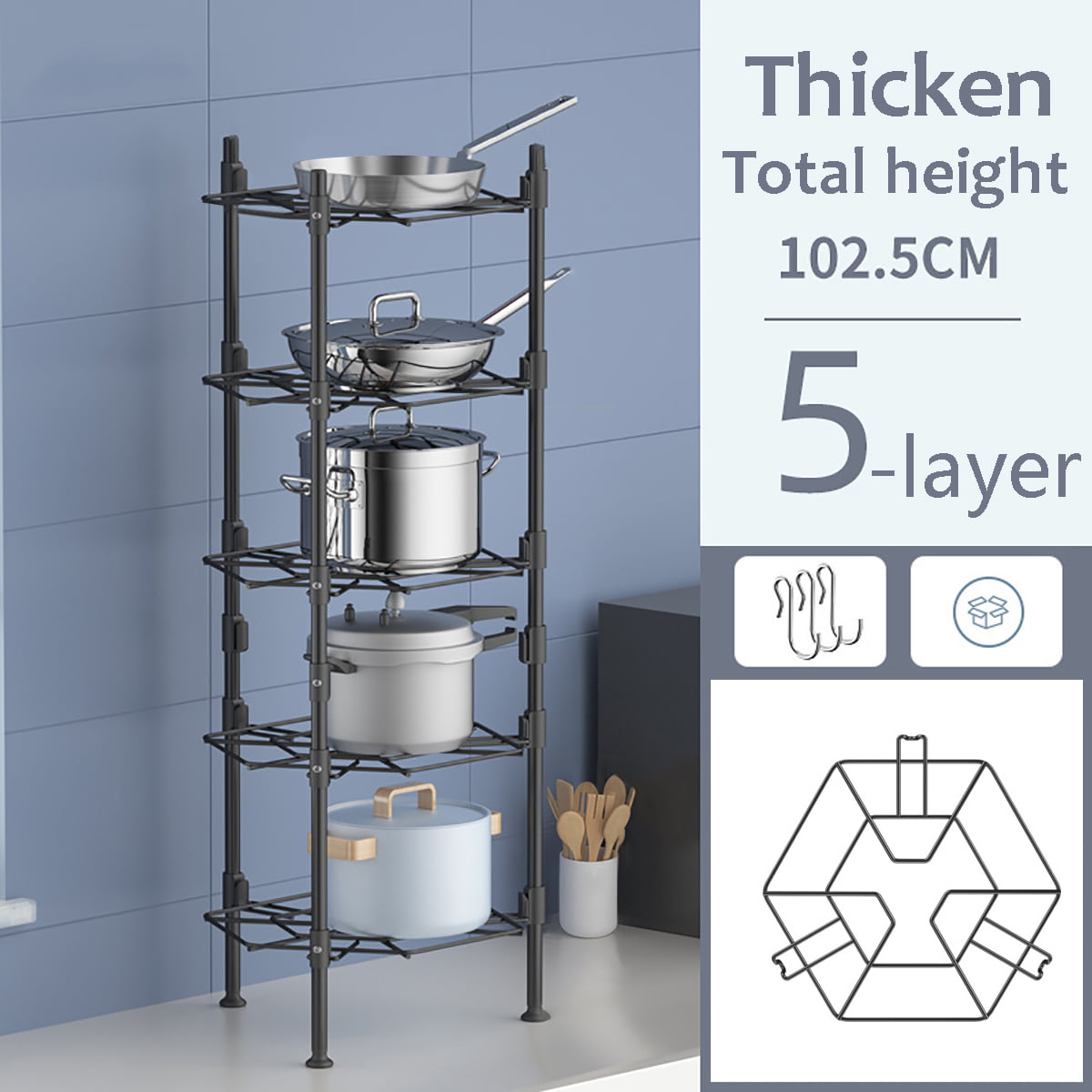 Chrome Kitchen 3/5 Tier Pot Pan Saucepan Rack Holder Organiser Stand Tidy Shelf