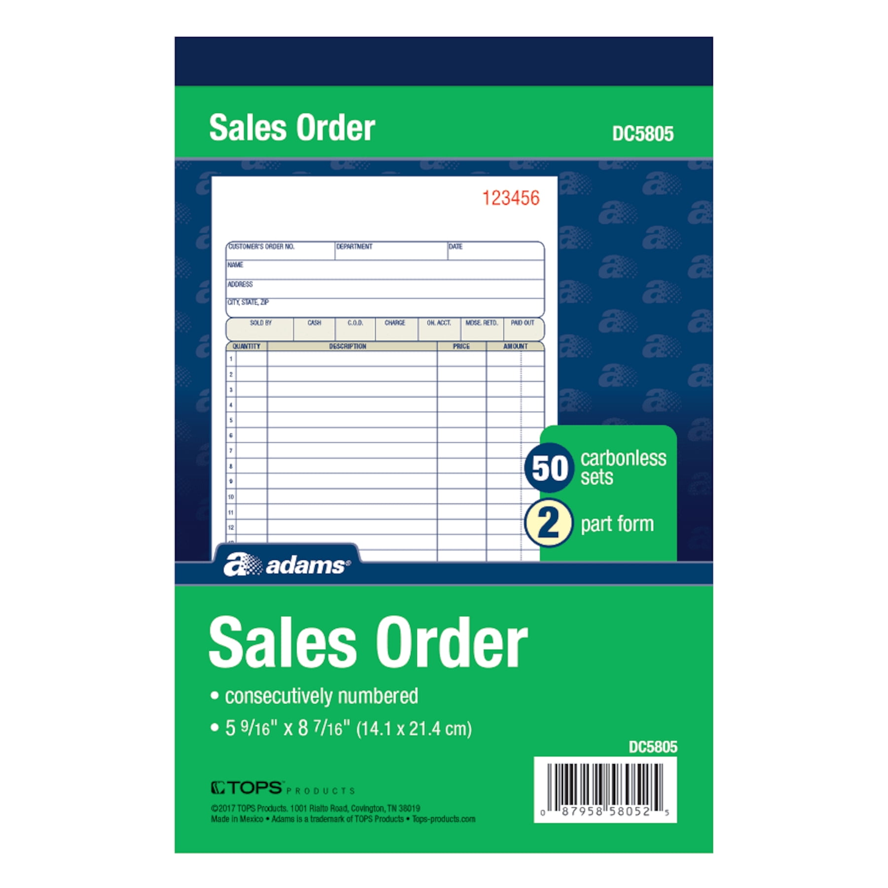Adams Sales Order Book, 2 - Part, Carbonless, 5-9/16" x 8-7/16", 10 Book per Pack