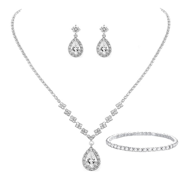 Nvzi Conjunto de joyería nupcial, collar de cristal, pulsera, pendientes, conjunto para novia, dama de honor, fiesta de graduación, conjunto de joyería, accesorios, B10