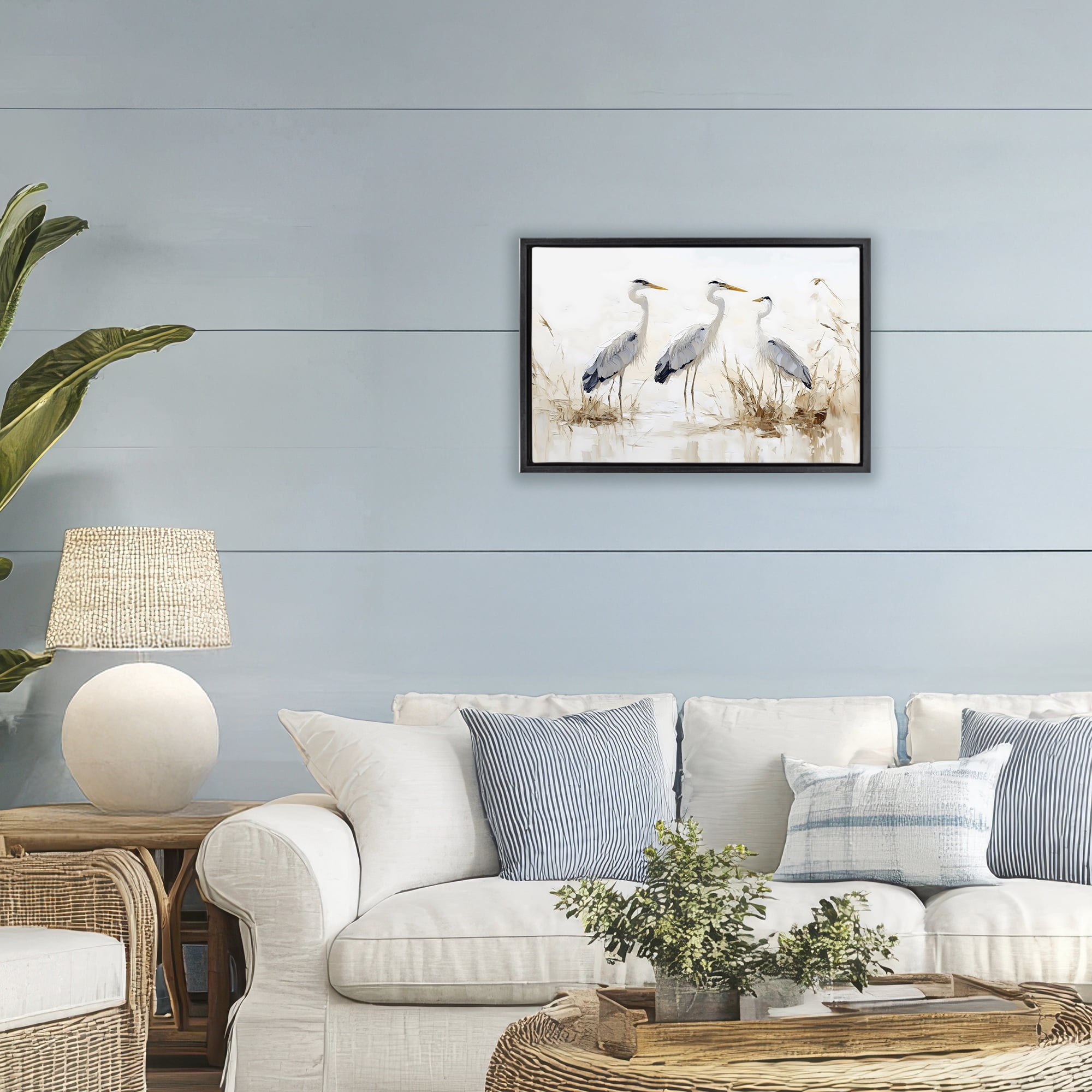 Stupell Industries Neutral Blue Herons in Reeds Black Framed Floater Canvas Wall Art, design by LSR Design Studio
