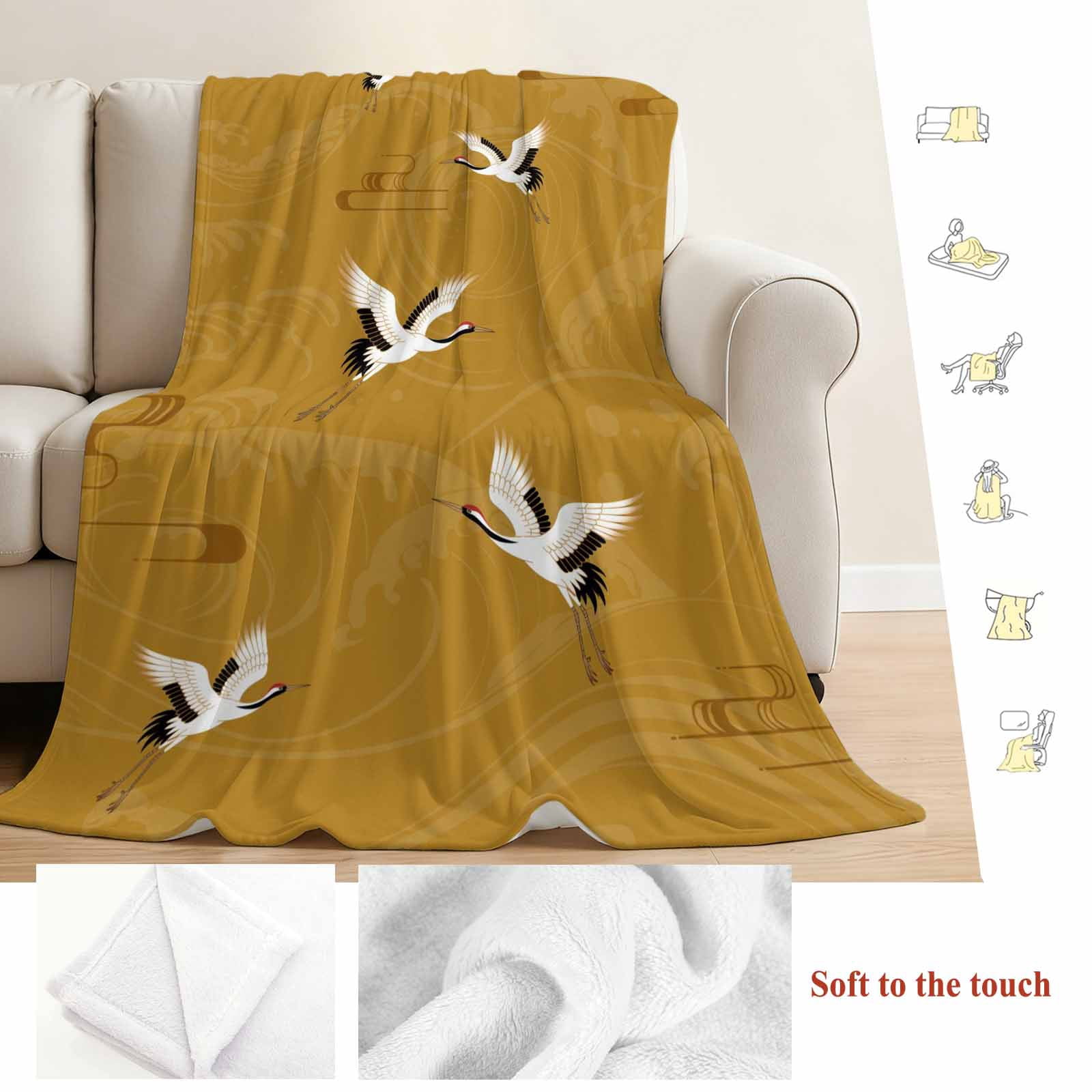 Japanese Style Blanket Soft Cozy Warm Throw Blanket for Couch, Plush Fuzzy Flannel Fleece Blankets for Sofa, Vintage Art Cranes Ocean Wave Yellow Bed Blankets Lightweight Gifts for Women, 50"x80"
