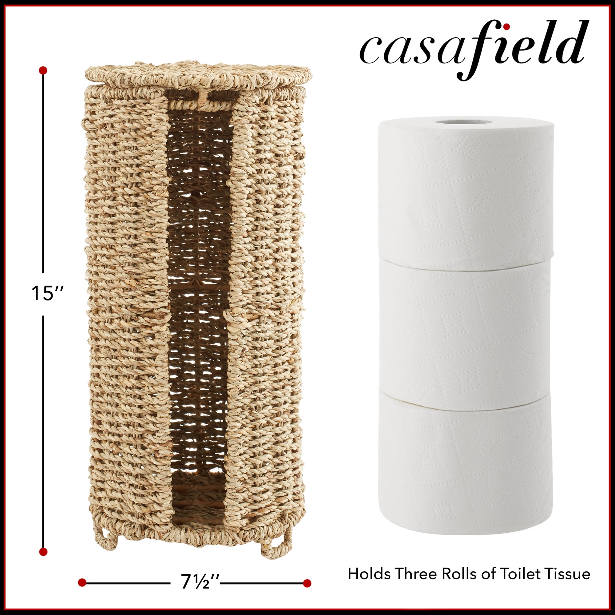 Casafield Toilet Paper Roll Holder with Lid - Natural, Fits 3 Rolls, Free Standing Seagrass Bath Tissue Storage Organizer for Bathroom