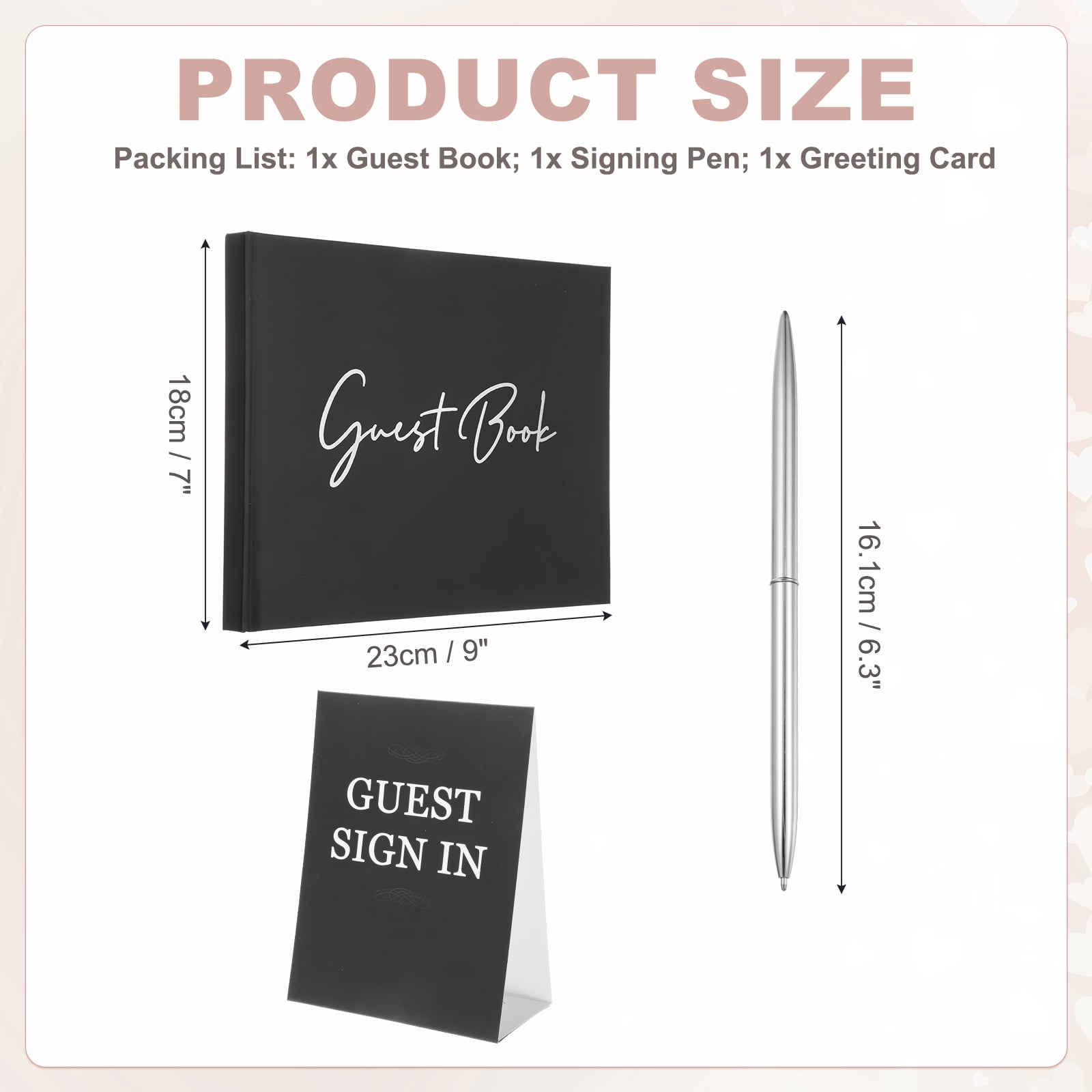 Uxcell Guest Book, 9x7" Elegant Wedding Guestbook Black Cover Memory Book with Diamond Signing Pen and Greeting Card for Wedding Bridal Shower Birthday Party Events, Silver Tone