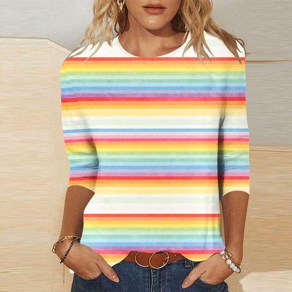 Xdegoge T-Shirt for Women Crewneck 3/4 Sleeve Casual Pastel Gradient Rainbow Striped Pattern Loose Fit Soft Flowy Breathable Modern Aesthetic Daily Spring Fashion Tops