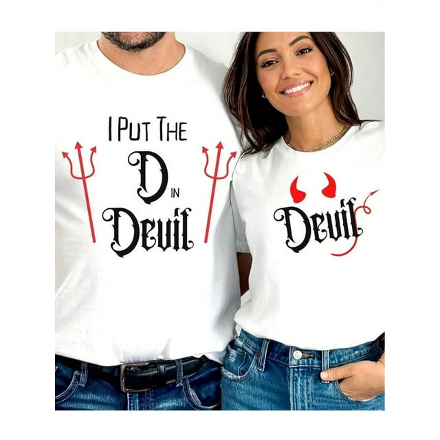1pc "I Put the D in Devil" Matching Couple T-Shirt - Fun & Spooky Halloween/Christmas Adult Costume Tee, 100% Cotton, Short Sleeve, Crew Neck - Ideal for Couples' Party Wear or Gifts, Plus Size Hallo