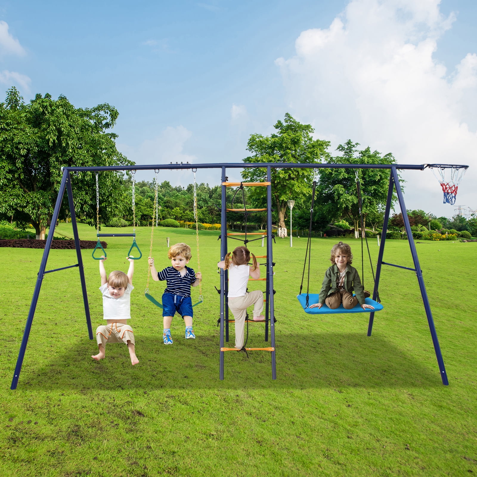 Hommoo 6 in 1 Swing Set With Climbing Ladder, Climbing Net, Trapeze bar, Hammock Swing, Belt Swing, Basketball hoop for Backyard, Multicolor