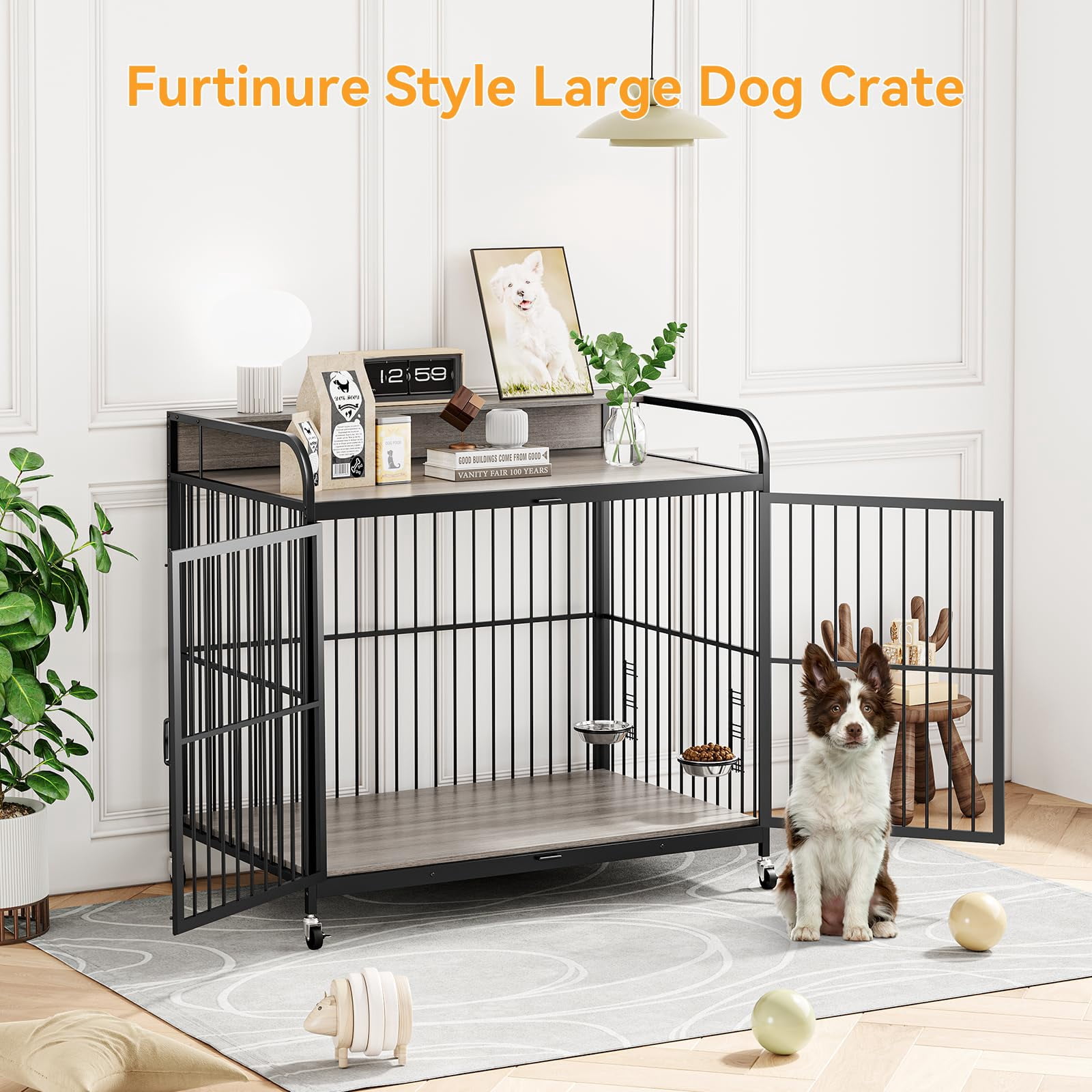 Danolapsi 48" W Large Dog Crate Furniture,with 360° Adjustable Elevated Feeder,Dog Crate with 360° Wheels for Easy Mobility,Heavy Dog Furniture,Indoor Decorative Dog Kennel,Sturdy Metal Construction
