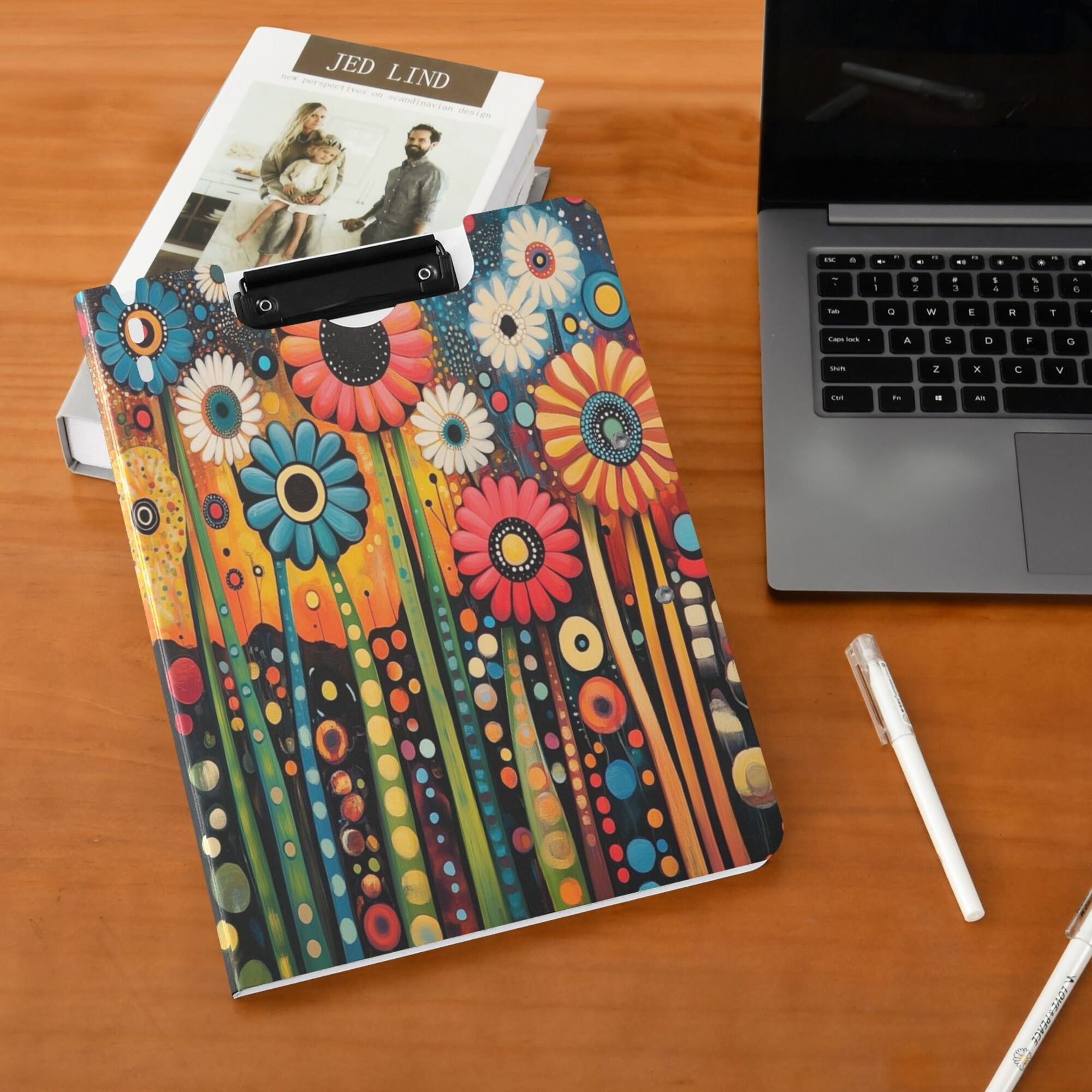 FORMRS A4 Clipboard Folder with Pen Holder Horizontal Foldable School Office Binder, Red Colorful Flowers with Dots