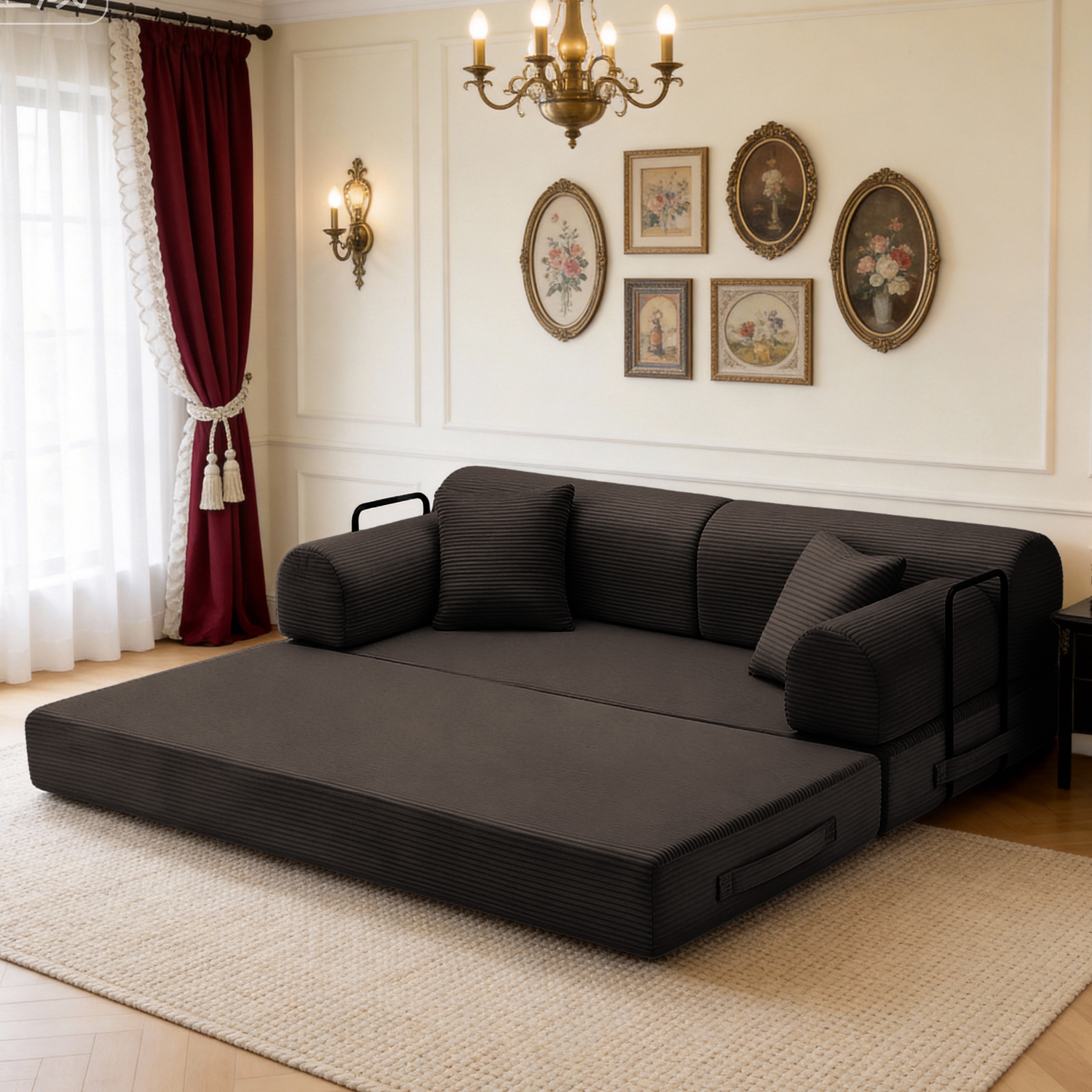 Sleeper Sofa Bed with Corduroy Fabric and Fixed-Shape Frame, Convertible Floor Lounge Couch and Folding Mattress Sofa for Living Room Bedroom, Brown
