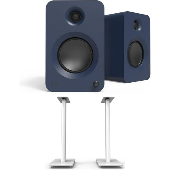 Kanto REN BLUE Bluetooth Powered Bookshelf Speakers - Matte Blue Pair with Kanto SP32PLW 32" Fixed-Height Stands for Bookshelf Speakers - White Pair (2024)