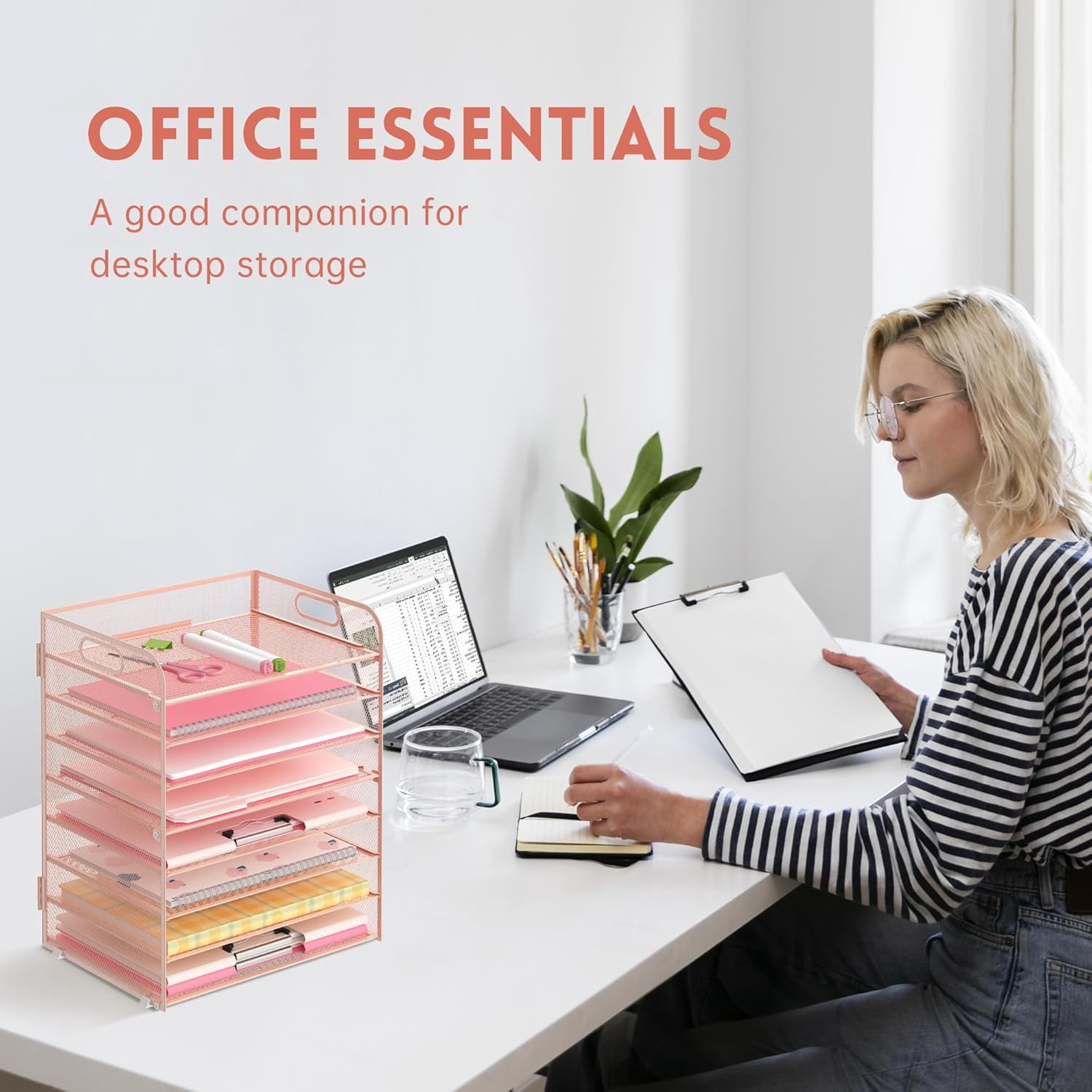 INTIGE 8-Tier Metal Desk File Organizer with Handles, Desktop Paper Organizer, Pink