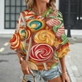 thumbnail image 3 of Candy Pattern Rainbow Lollipop Women's V-Neck Blouse With 3/4 Ruffled Bell Sleeves Casual Top Ladies Blouses, 3 of 7