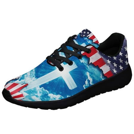 

God Jesus Christian Cross American flag Print Sneakers Lightweight Comfortable Running Shoes for Men Women Black Size 9
