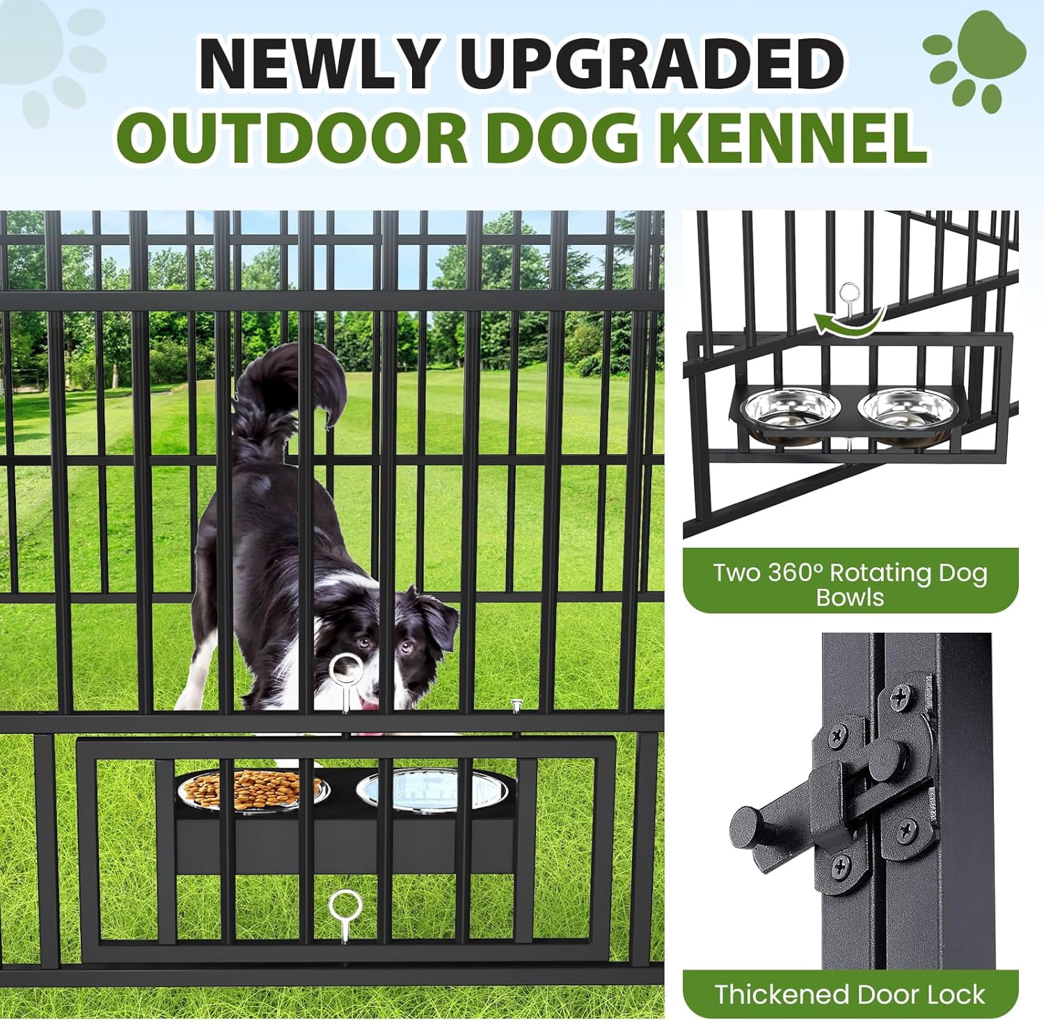 QuzyAor 6.6‘x6.6’x6.4‘ Galvanized Steel Outdoor Dog Kennel, Heavy Duty Metal Dog Run with Waterproof UV-Proof Roof & Rotating Bowls, Black