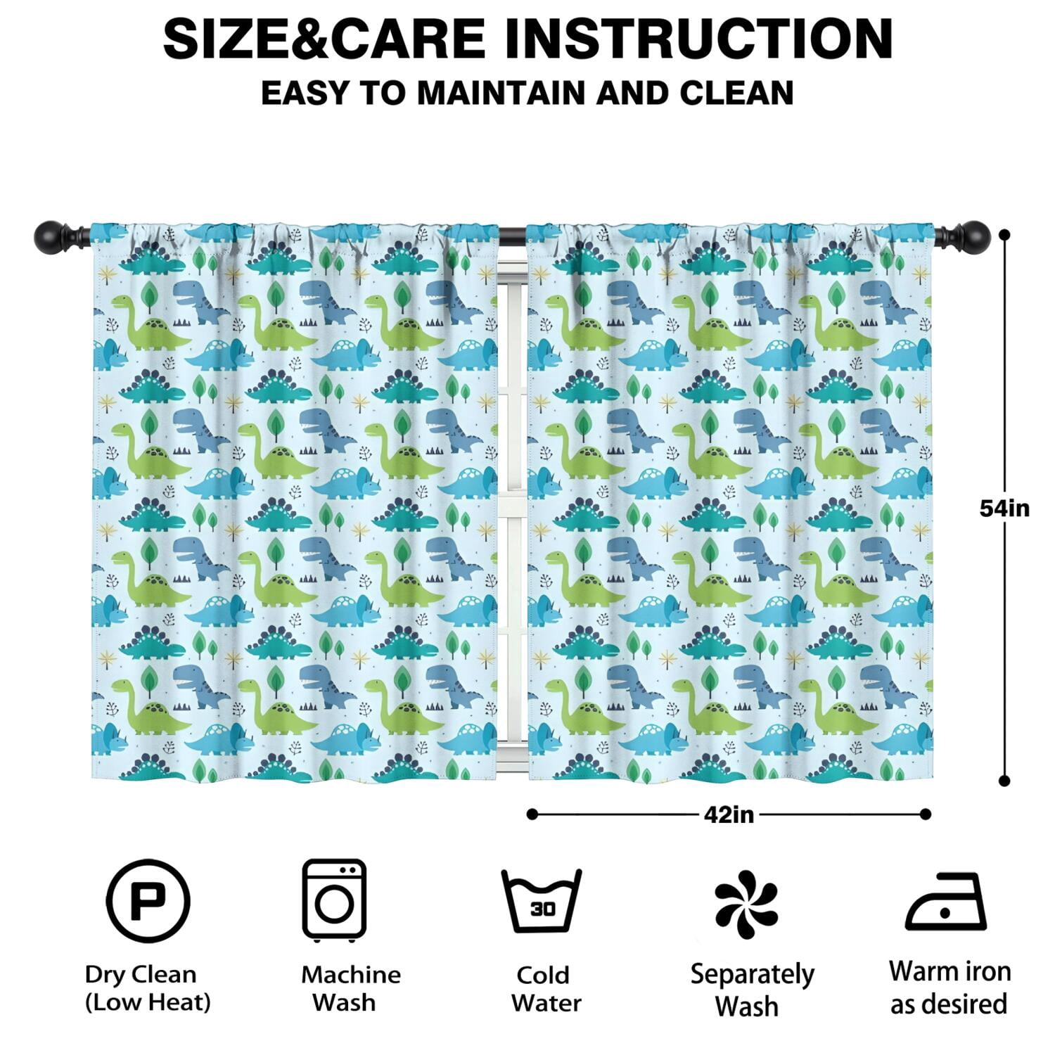 Blackout Kids Curtains,LightBlue Cartoon Dinosaurs Trees Stars Pattern Childrens Insulated Curtains Set Of 2,Bedroom Essentials,Toddler Room Decor 42"x54"