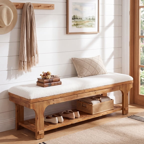 59" Upholstered Entryway Bench with Solid Wood Frame & 2-Tier Shelves, Farmhouse Storage Shoe Bench for Hallway