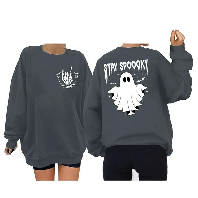Arlun,Halloween Chandails pour Femmes Grande Taille Mode à Lettres Imprimées Coupe Ample Col Rond Chandails à Enfiler Chandails Amples Confortables Manches Longues Automne Hiver Entraînement Hauts Sans Capuche Gris Foncé4 TTG