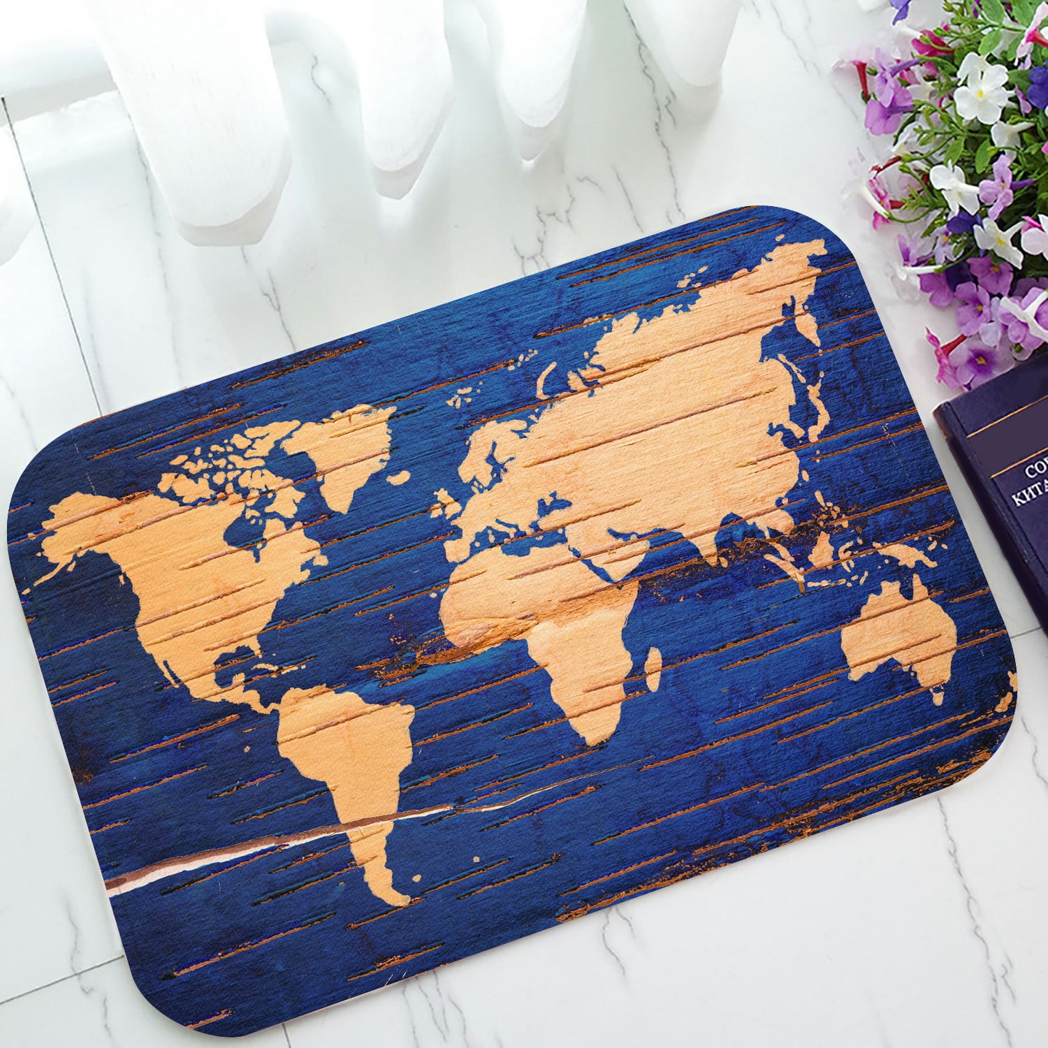 ECZJNT World Map Birch Cork Natural Doormat Bath Mat Rug
