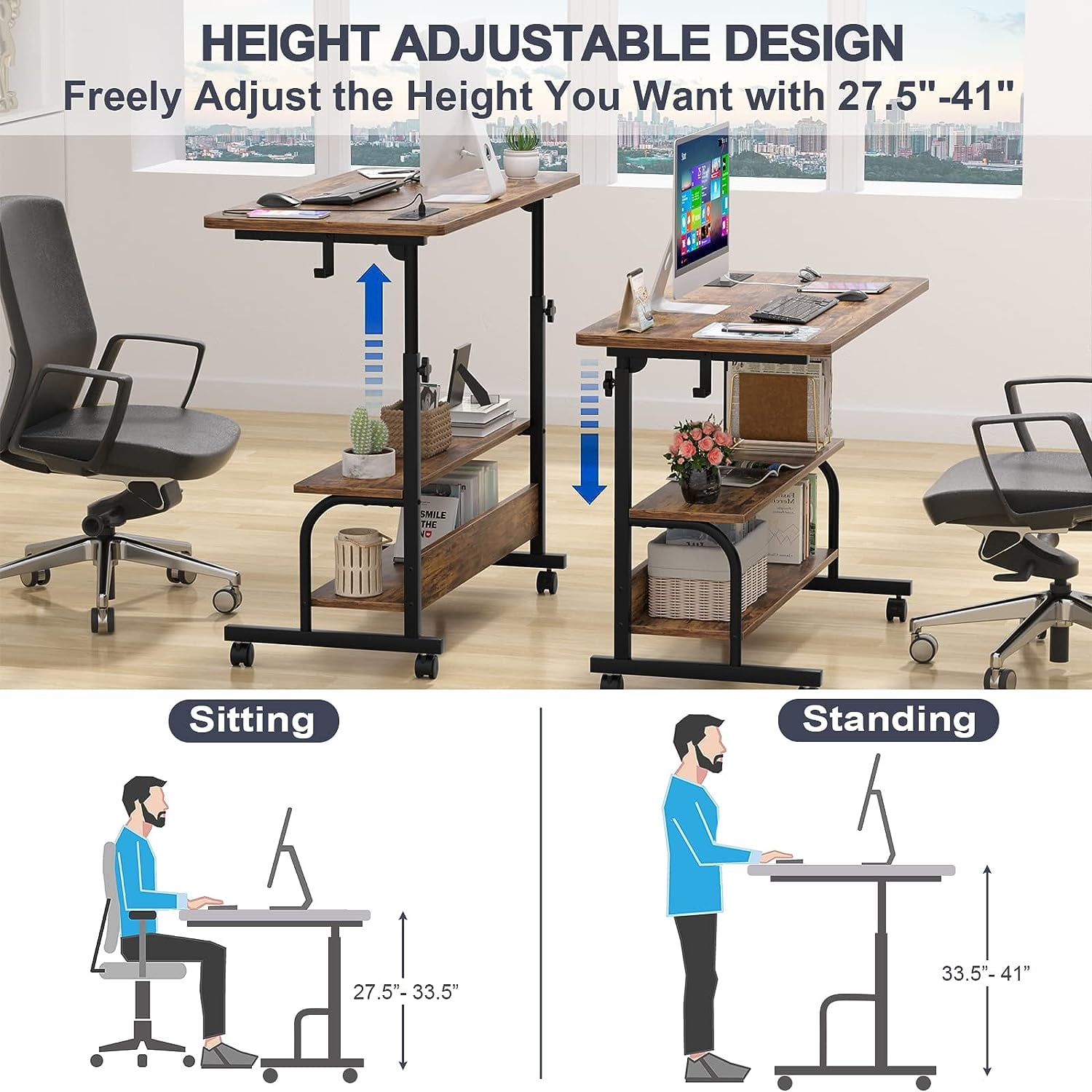 Homieasy Height Adjustable Standing Desk with Power Outlet & USB Ports, Max Height 41'', Small Mobile Computer Desk with Storage Shelves & Hooks, Portable Laptop Table for Home & Office, Rustic Brown
