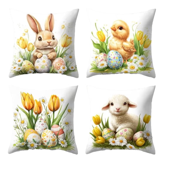 YingYouFu Easter Day Pillow Covers Set of 4,Cute Rabbit Animals Throw Pillow Covers for Boys Girls,Tulip Flowers Cushion Cases,Sheep And Chick Floral Decorative Pillow Covers for Sofa