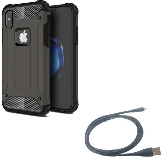 Metal USB Cable w Case for iPhone XS/X - 3ft Charger Cord Power Wire Braided, Hybrid Slim Fit Cover Reinforced Bumper Shock Absorbent for iPhone XS/X