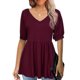 thumbnail image 1 of Blusa de manga corta con cuello en V para mujer, blusa de manga corta con volantes de Color puro a la moda para verano, color rojo vino L, 1 of 5