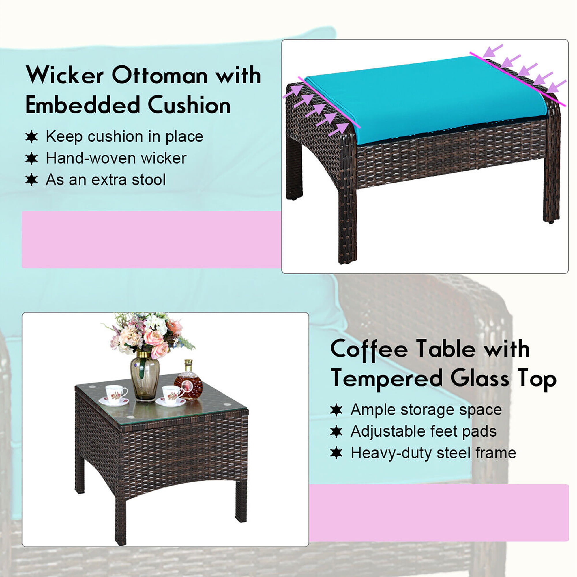 Costway 5-Piece Rattan Patio Furniture Set with 2 Ottomans and Glass Top Table, Brown/Turquoise