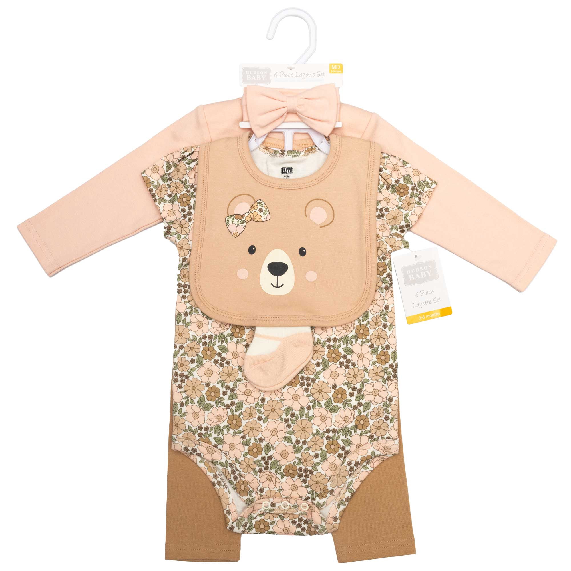 Hudson Baby Infant Girls Cotton Layette Set, Floral Brown Bear, 0-3 Months
