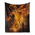 thumbnail image 1 of Modern Soft Flannel Fleece Blanket, Kids Nursery with a Knight on a Horse Castle Mystic Fairytale Artwork Print, Cozy Plush for Indoor and Outdoor Use, 50" x 70", Black and Marigold, by Ambesonne, 1 of 6