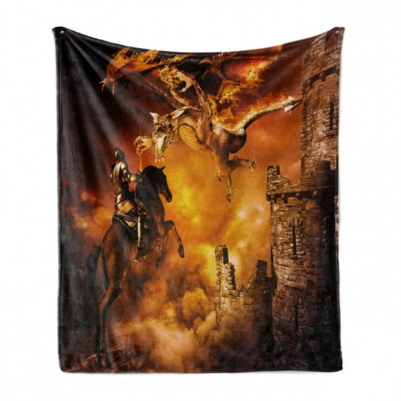 Modern Soft Flannel Fleece Blanket, Kids Nursery with a Knight on a Horse Castle Mystic Fairytale Artwork Print, Cozy Plush for Indoor and Outdoor Use, 50" x 70", Black and Marigold, by Ambesonne