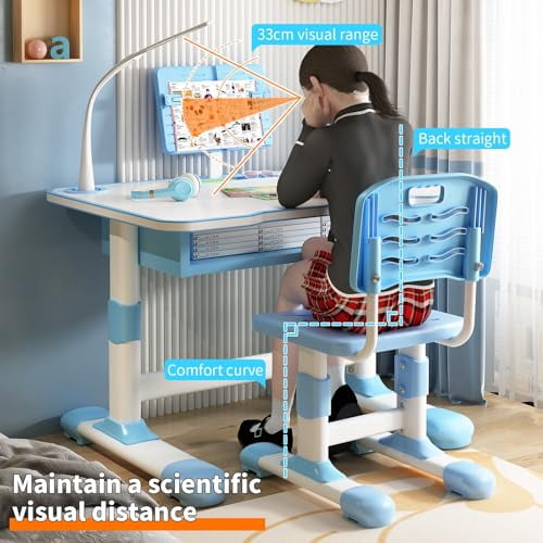 YNCE Height Adjustable Kids Desk and Chair Set, Kids Functional Desk and Chair Set, Children Study Desk, Study Table for Boys Girls School Table for Writing Reading