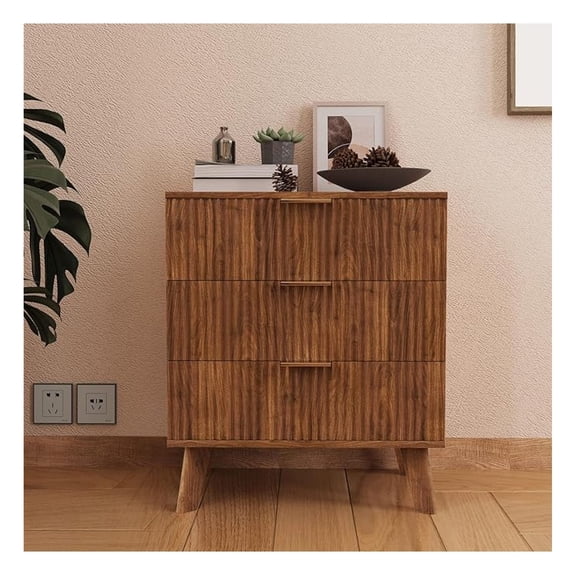 Fluted 3 Drawer Dressers, Modern Closet Dressers Chest of Drawers, Wood Storage Dresser Chest of Drawers Organizer for Bedroom Living Room Hallway Closet(Walnut)