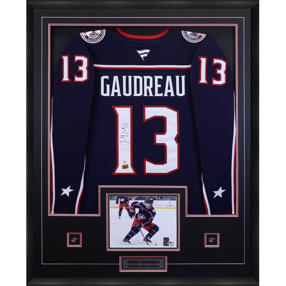 Collectible Johnny Gaudreau Signed Jersey Framed Blue Columbus Blue Jackets Fanatics Premium Officially Licensed NHL/NHLPA Authentic Hand-Signed Autograph Finished Size 34x42 Inches by Frameworth Sports Marketin