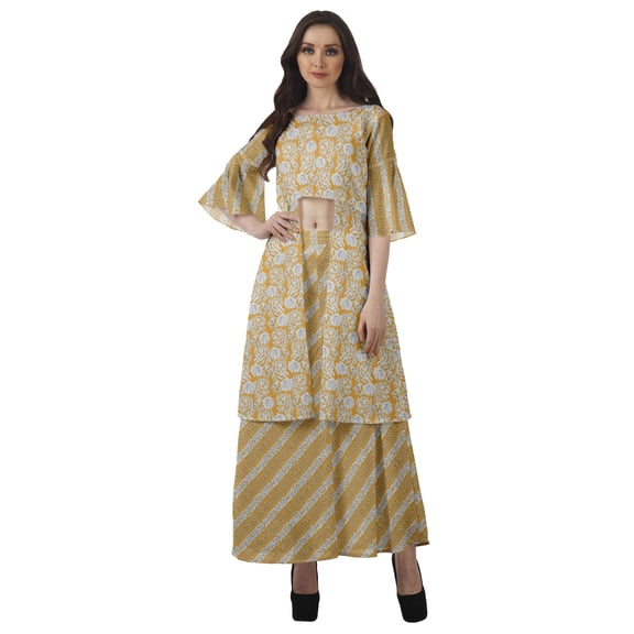 Moomaya Printed High Low Crop Top Kurti Palazzo Set Ethnic Indian Clothing Set For Womens