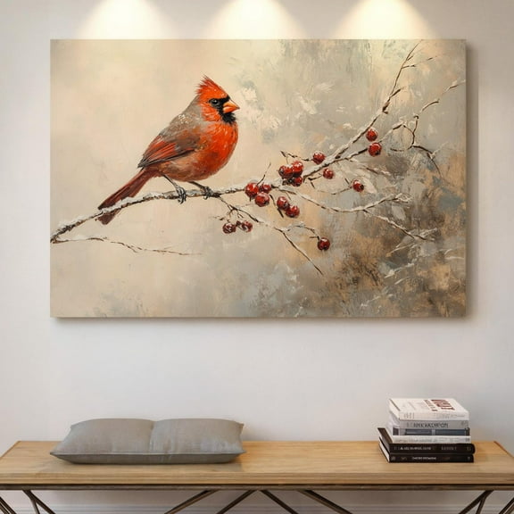 Velto Winter Cardinal Canvas Art Red Bird on Snowy Branch Rustic Seasonal Wildlife Inspired Holiday Wall Decor, SIZE 8x10 INCLUDE Pine Wood Frame 1.25-Inch