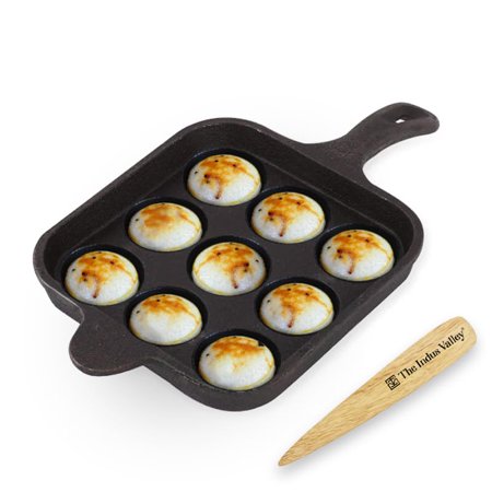 Pre-seasoned Black Cast Iron Square Paniyaram Pan With Free Wooden Picker | 9 Pits, 18cm, 7.1 Inch, 2.4 Kg | Induction Friendly | Pre-seasoned Paddu Pan, 100% Pure & Toxin-free, No Chemical Coating